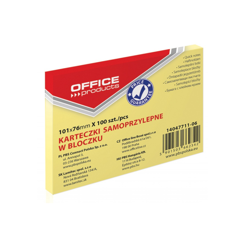 Notes autoadeziv 76 x 101 mm, 100buc/set, Office Products - galben pastel