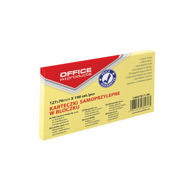 Notes autoadeziv 76 x 127 mm, 100buc/set, Office Products - galben pastel