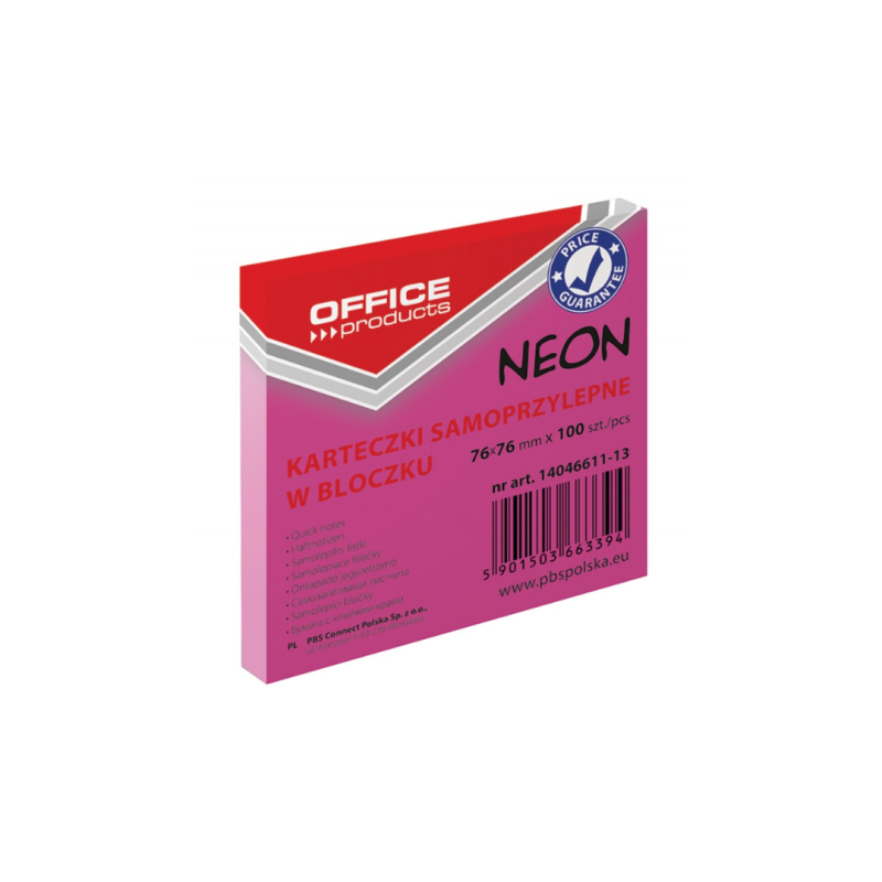 Notes autoadeziv 76 x 76 mm, 100buc/set, Office Products - roz neon