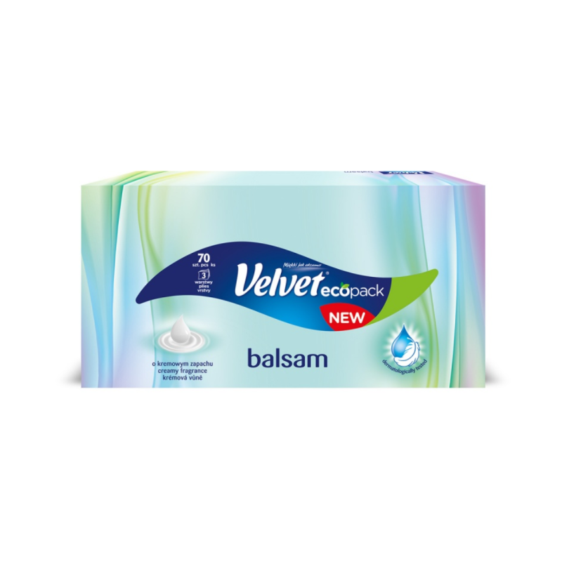 Servetele cosmetice albe, 3 straturi, 70 buc/cutie, VELVET Balm - cu miros de crema