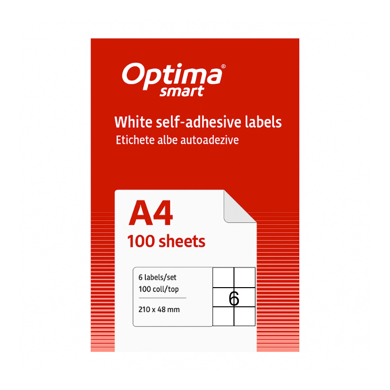 Etichete albe autoadezive 6/A4, 210 x 48 mm, 100 coli/top, Optima Smart