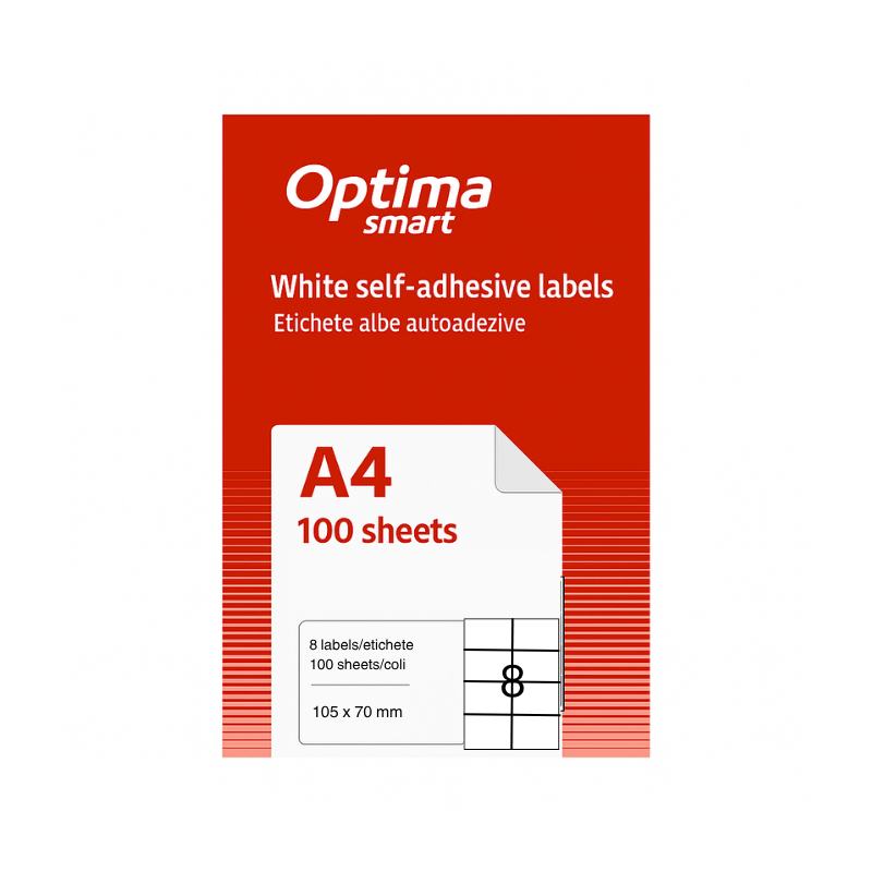 Etichete albe autoadezive 8/A4, 105 x 70 mm, 100 coli/top, Optima Smart