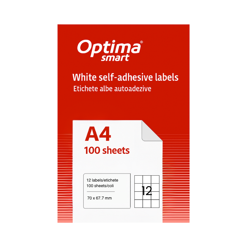 Etichete albe autoadezive 12/A4, 70 x 67.7 mm, 100 coli/top, Optima Smart