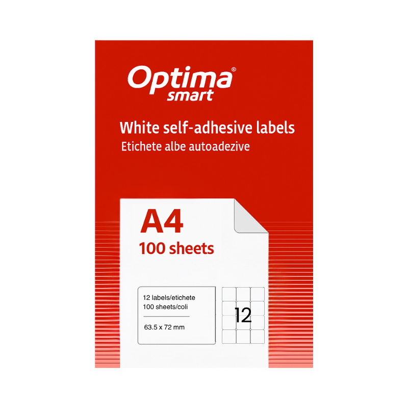 Etichete albe autoadezive 12/A4, 63.5 x 72 mm, 100 coli/top, Optima Smart - colturi rotunjite