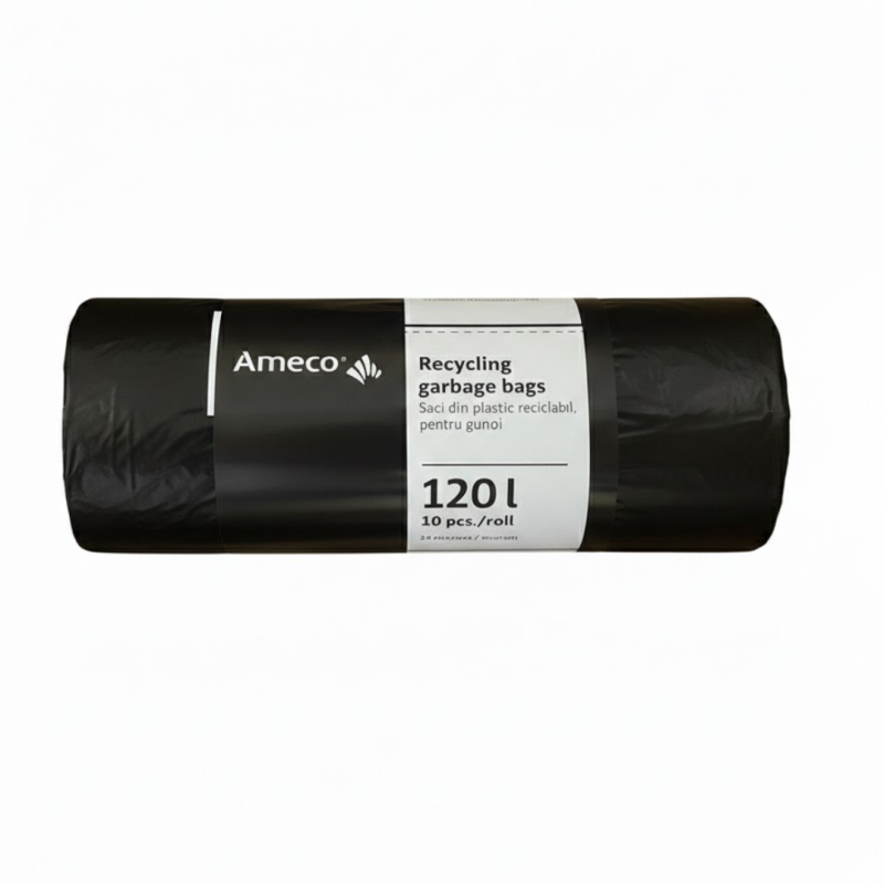 Saci plastic reciclabil, standard, 120L, 70x110cm, 24 microni, 10buc/rola, Ameco - negri
