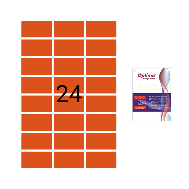 Etichete color autoadezive 24/A4, 70 x 37 mm, 100 coli/top, Optima - Portocaliu