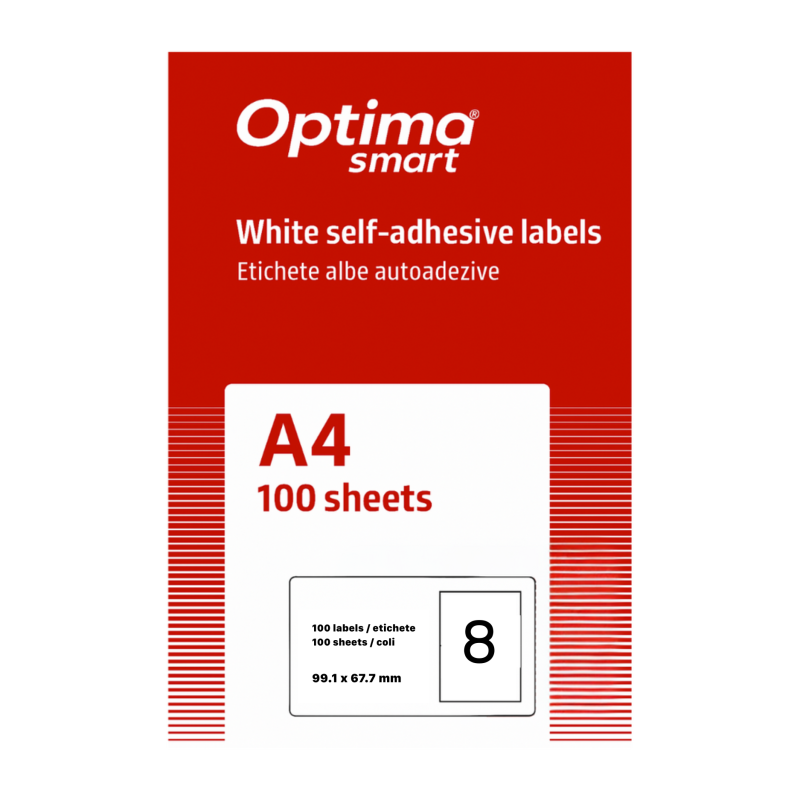 Etichete albe autoadezive 8/A4, 99.1 x 67.7 mm, 100 coli/top, Optima Smart - colturi rotunjite