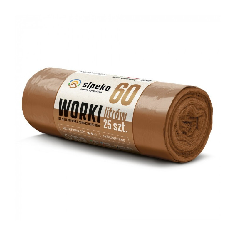 Saci menajeri rezistenti LDPE, 60L, 60 x 72cm, 20 microni, 25buc/rola, Sipeko - maro