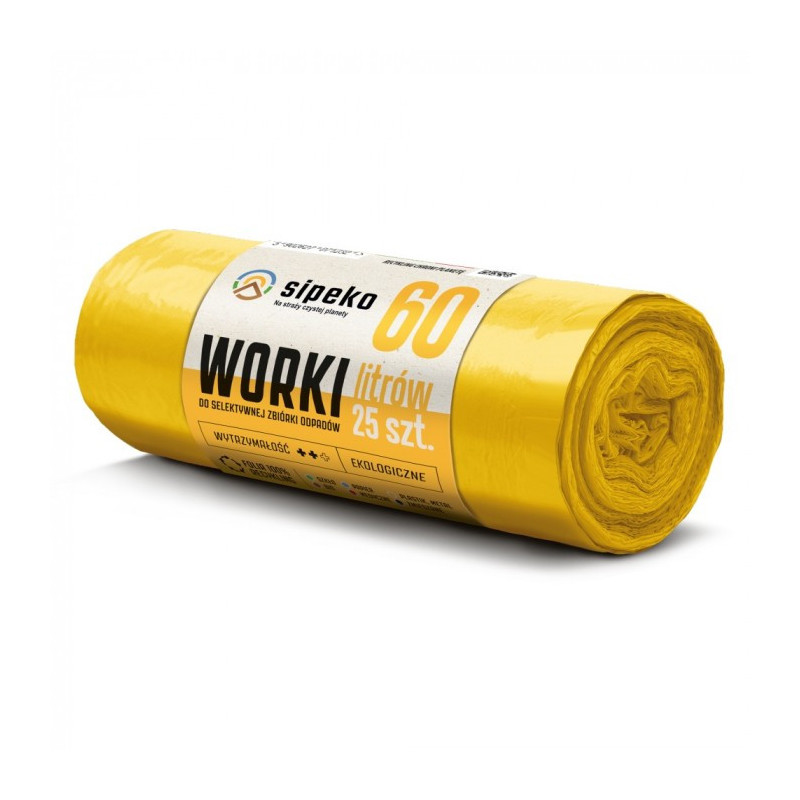 Saci menajeri rezistenti LDPE, 60L, 60 x 72cm, 20 microni, 25buc/rola, Sipeko - galbeni
