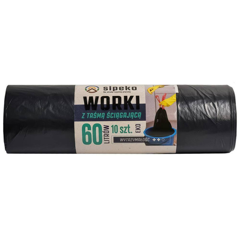 Saci menajeri super strong LDPE, 60L, cu snur, 60 x 67cm, 25 microni, 10buc/rola, Sipeko - negri