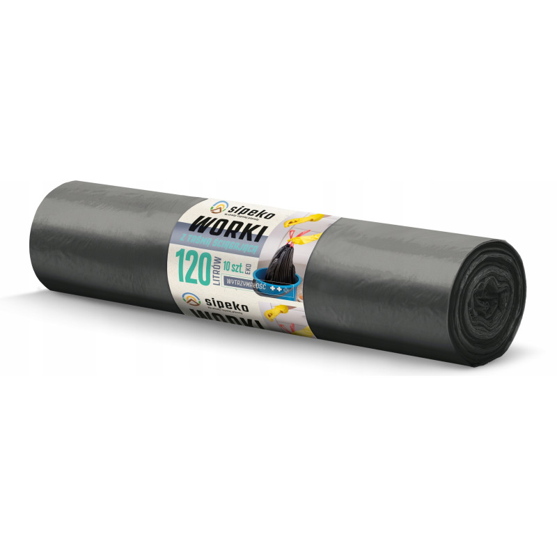 Saci menajeri super strong LDPE,120L, cu snur, 70 x 105cm, 25 microni, 10buc/rola, Sipeko - negri