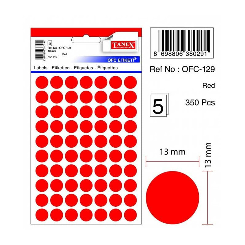 Etichete autoadezive rotunde, D13 mm, 350 buc/set, TANEX, rosu fosforescent