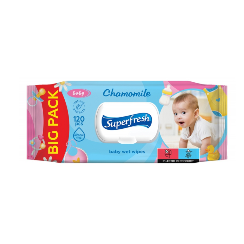 Servetele umede pentru copii, 120buc/pachet, cu extract de musetel, SuperFresh