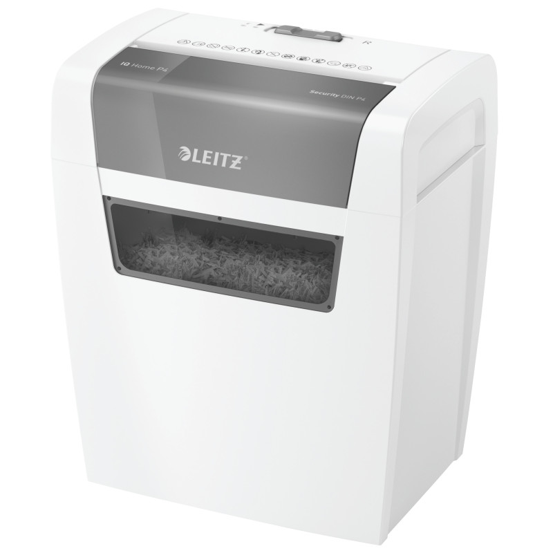 Distrugator documente manual LEITZ IQ Home, P4, cross-cut (confeti), 6 coli, cos 15l, alb