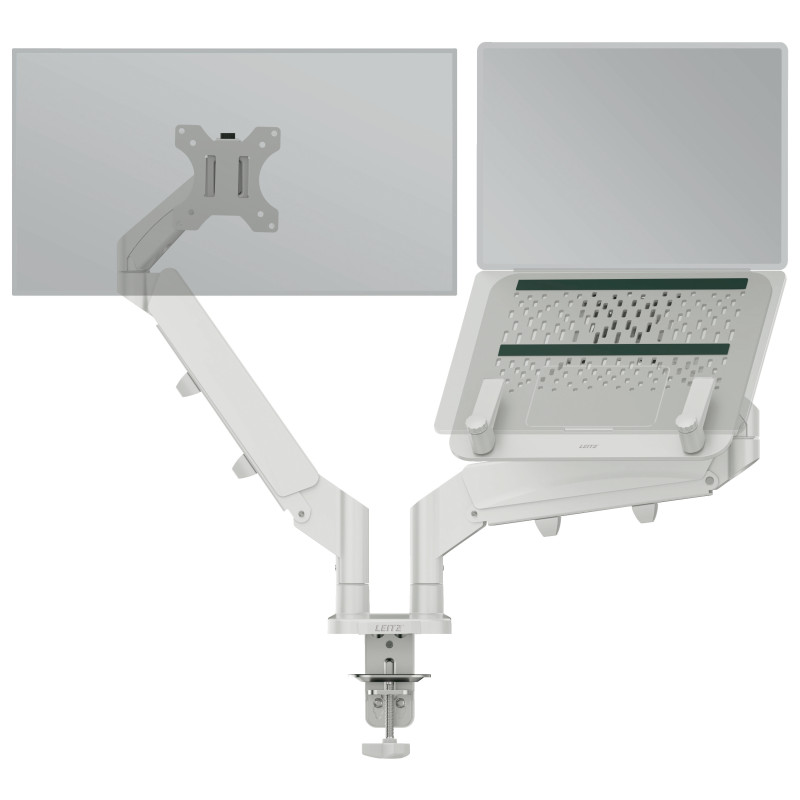 Suport monitor LEITZ Ergo, 2 brate ajustabile, extensibile, fixare pe birou, suport laptop, gri-past