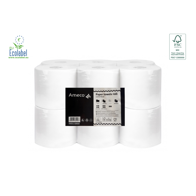 Prosop rola hartie alba, derulare centrala, 110m - 2 straturi, 6 role/bax, Ameco