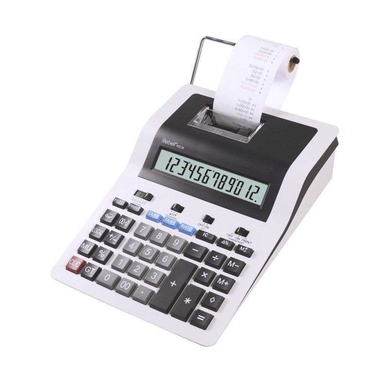 Calculator cu banda, 12 digits, 255 x 190 x 70 mm, Rebell PDC 30 - alb/negru