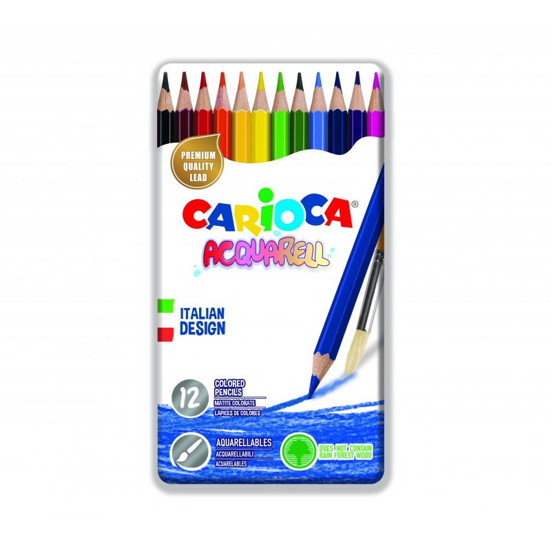 Creioane colorate CARIOCA Acquarell, hexagonale, 12 culori/cutie - cutie metalica