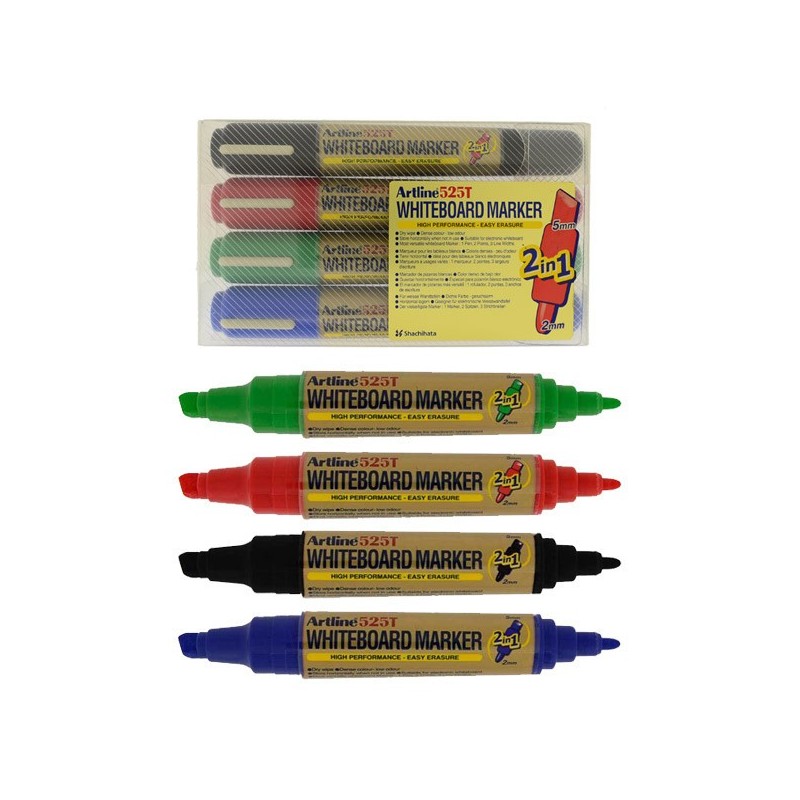 Marker pentru tabla de scris ARTLINE 525T, doua capete - varf rotund 2.0mm/tesit 5.0mm, 4 culori/set