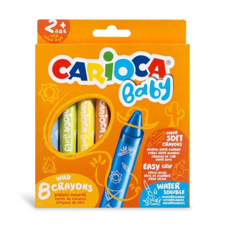 Creioane cerate, rotunde, solubile in apa, 8 culori/cutie, CARIOCA Baby Wild Crayons 2+