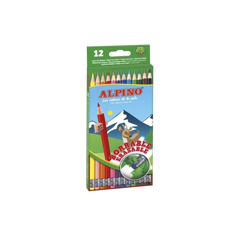 Creioane colorate cu guma, cutie carton, 12 culori/set, ALPINO Erasable