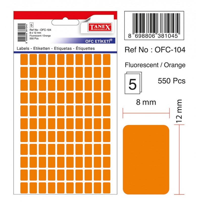 Etichete autoadezive color, 8 x 12 mm, 550 buc/set, TANEX - orange fluorescent