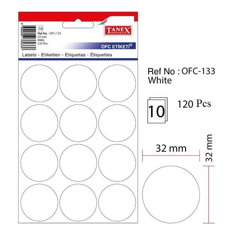Etichete autoadezive albe, D32 mm, 120 buc/set, Tanex