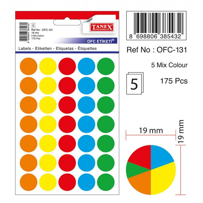 Etichete autoadezive color mix, D19 mm, 175 buc/set, TANEX - culori asortate