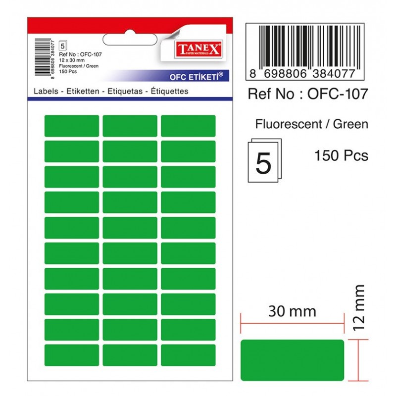 Etichete autoadezive color, 12 x 30 mm, 150 buc/set, TANEX - verde fluorescent