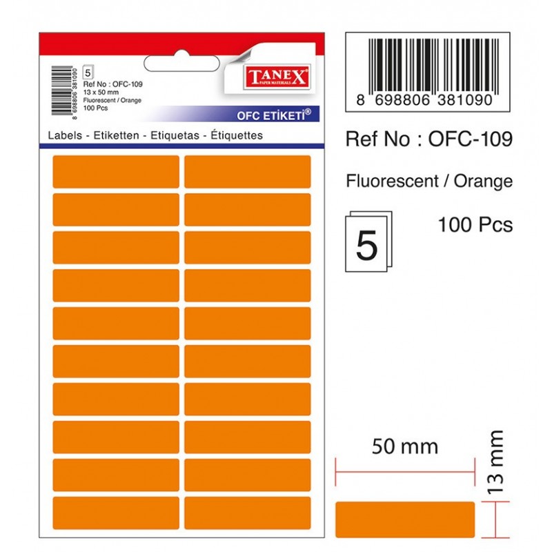 Etichete autoadezive color, 13 x 50 mm, 100 buc/set, TANEX - orange fluorescent