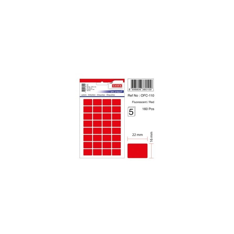 Etichete autoadezive color, 16 x 22 mm, 160 buc/set, TANEX - rosu fluorescent
