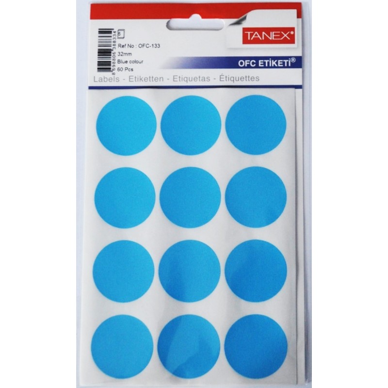 Etichete autoadezive color, D32 mm, 60 buc/set, TANEX - albastru