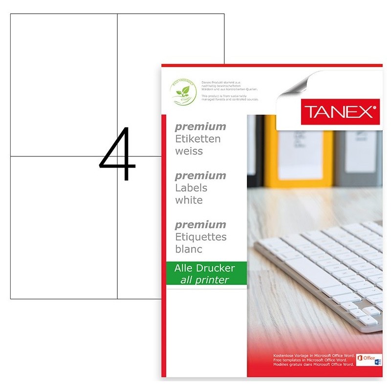 Etichete albe autoadezive, repozitionabile, 4/A4, 105 x 148.5mm, 25 coli/top, TANEX-colturi drepte