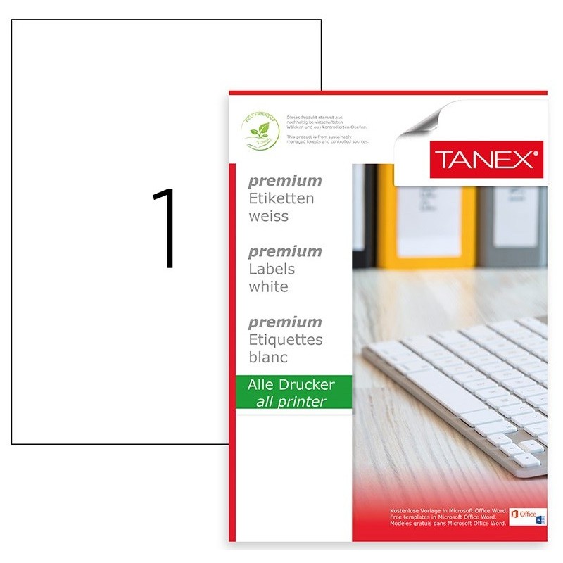 Etichete polyester albe, autoadezive, 1/A4, 210 x 297mm, 25 coli/top, TANEX - colturi drepte