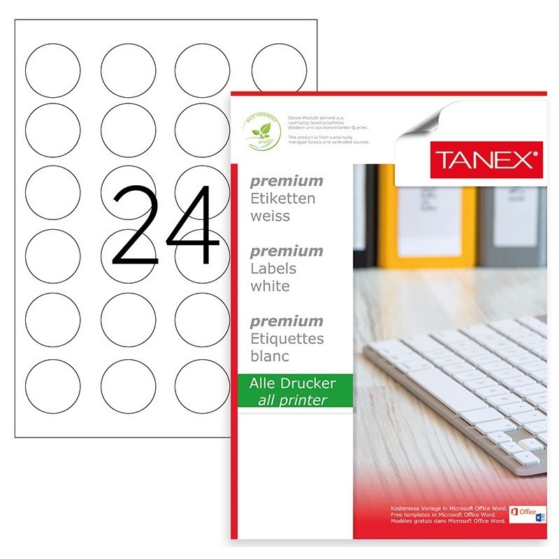 Etichete polyester albe, autoadezive, rotunde - D40mm, 24/A4, 25 coli/top, TANEX