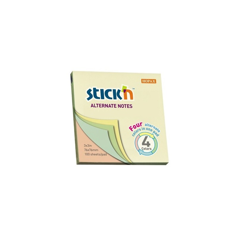 Notes autoadeziv 76 x 76 mm, 100 file, Stick"n Alternate - 4 culori pastel