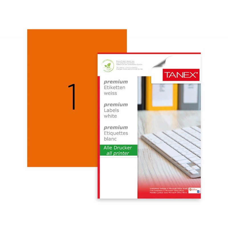 Etichete color autoadezive, 1/A4, 210 x 297mm, 25 coli/top, TANEX - orange fluorescent